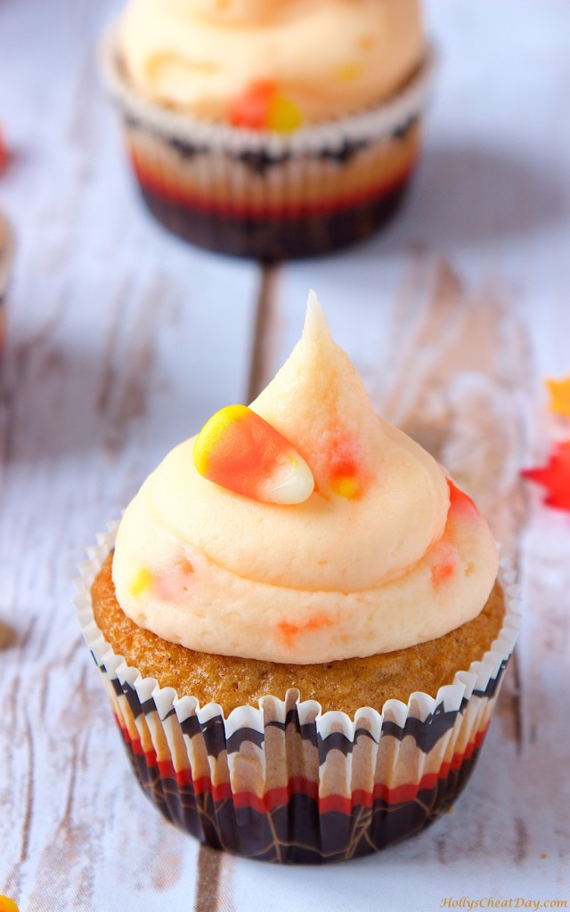 browned-butter-spice-cupcakes-candy-corn-frosting| HollysCheatDay.com